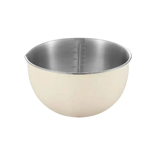 Un bol en acier inoxydable beige, adapté pour de petites préparations culinaires.