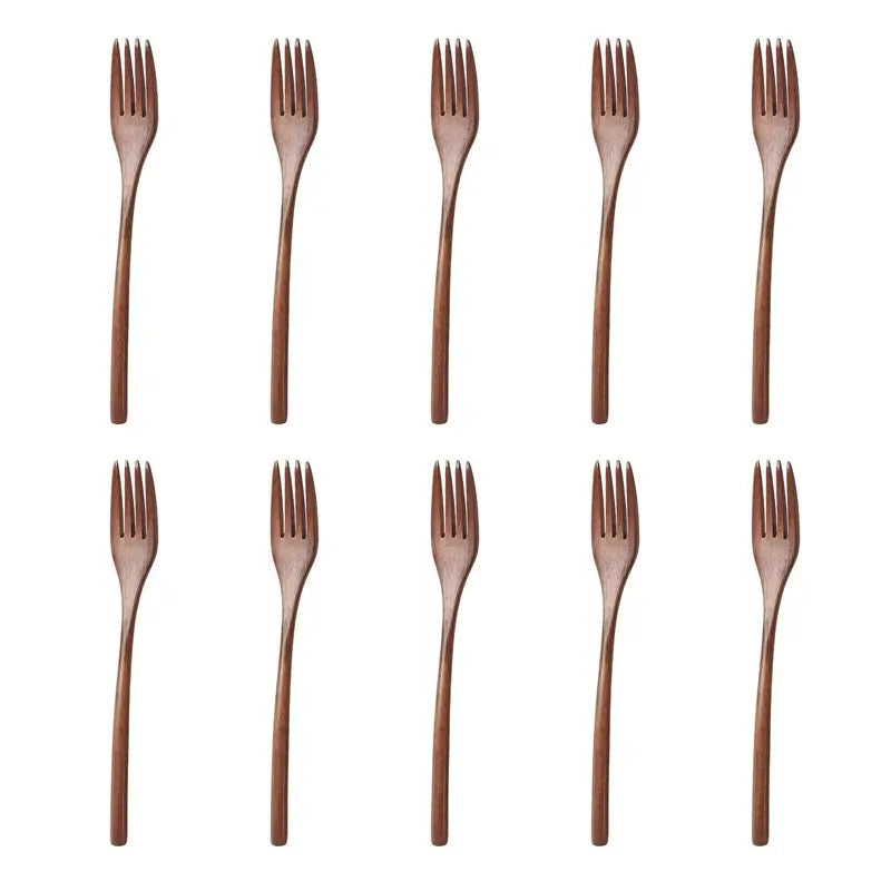 Lot de 10 fourchettes en bois réutilisable sur fond blanc