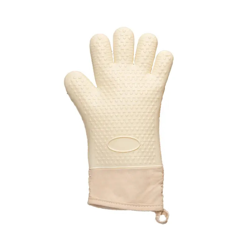 Gant de cuisine long en silicone beige, avec une surface texturée en relief et une boucle en tissu pour l'accrochage.