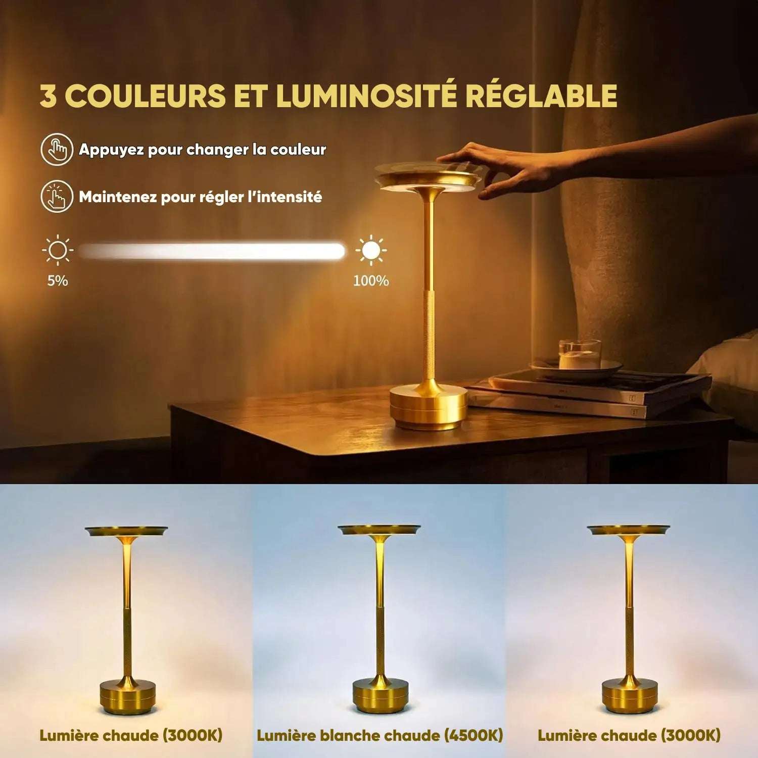 Lampe de table sans fil dorée avec contrôle tactile de luminosité réglable de 5% à 100%, affichée sur une table en bois avec des livres