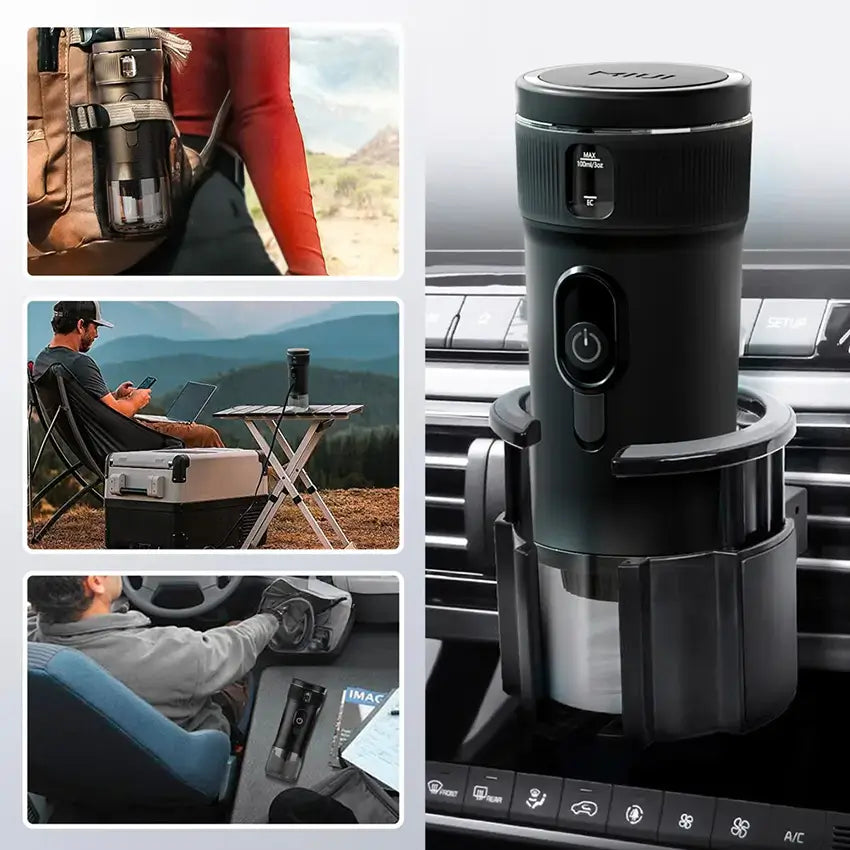 Un récipient noir montré en usage dans une voiture, attaché à un sac à dos, et posé sur une table de camping à l'extérieur.