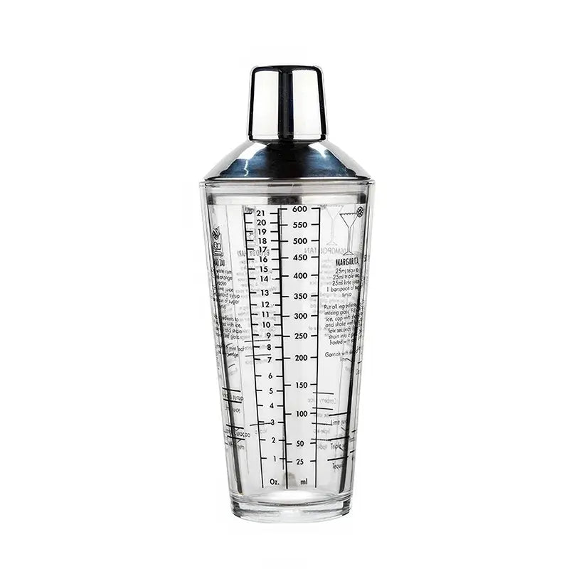 Shaker à cocktail transparent en verre de 600 ml avec des recettes de cocktails imprimées, accompagné d'un couvercle en acier inoxydable.